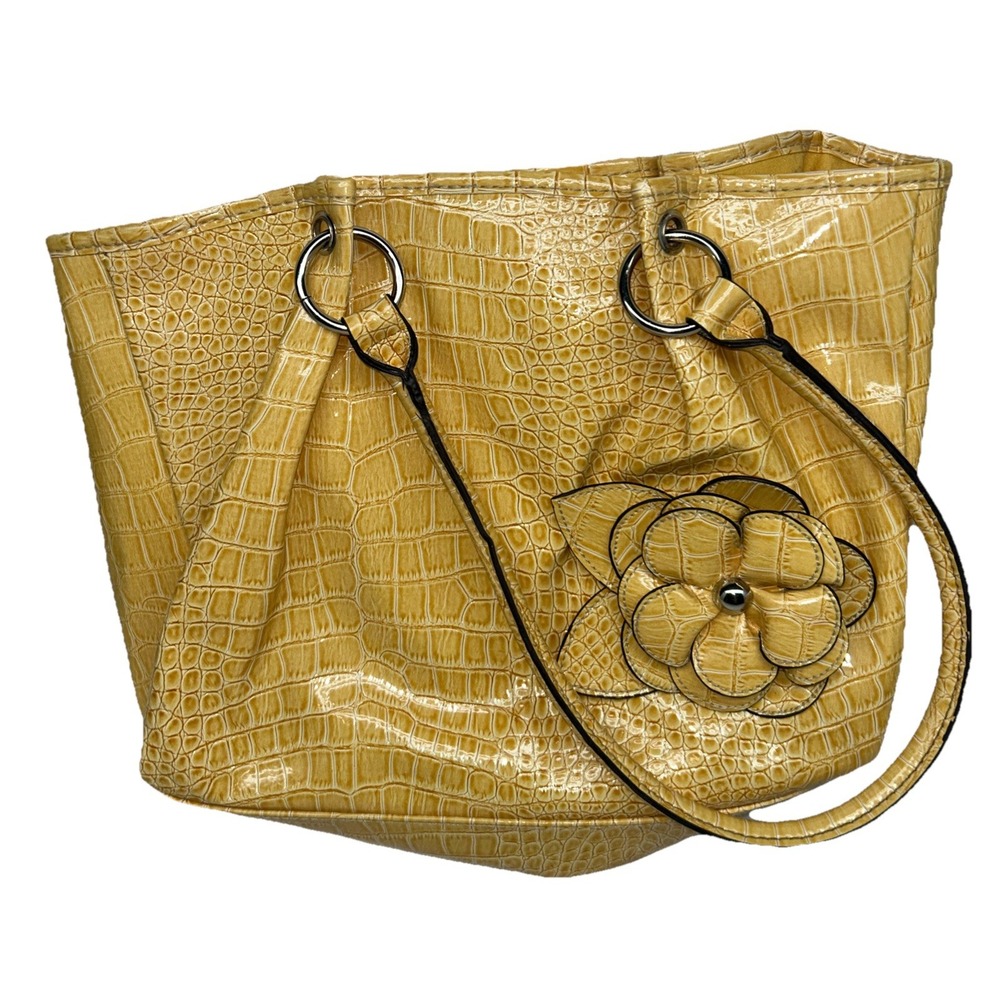 Payless Shoe Source Vinyl/Polyester Yellow Crocodile Pattern  Flower Purse‎